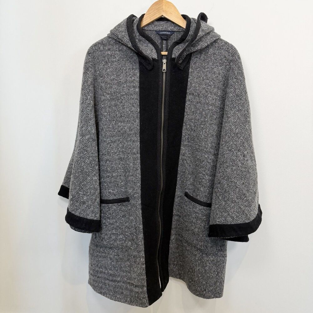 Lands End Poncho Women Medium Large Grey Black Wool Cape Lagenlook Hood Winter